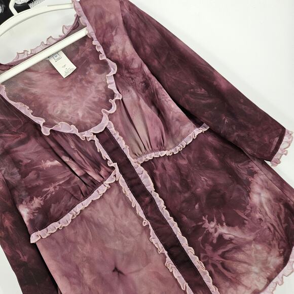 Vintage Allen by ABS Blouse Purple Tie Dye y2k Ruffle Trim Fairy Goth Size 1X - Picture 2 of 6